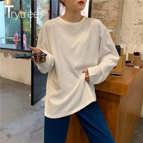 Trytree 2020 Spring Autumn Casual T-shirt O-neck Long Sleeve Women Solid 6 Color Simple Loose All-Purpose Style Fashion T-shirt