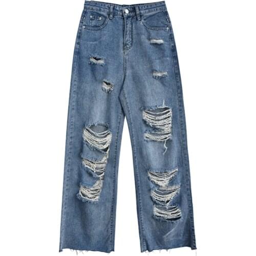 Spring And Autumn womens ripped jeans high waist loose straight pants wide leg pants womens jeans Y2K high street jeans