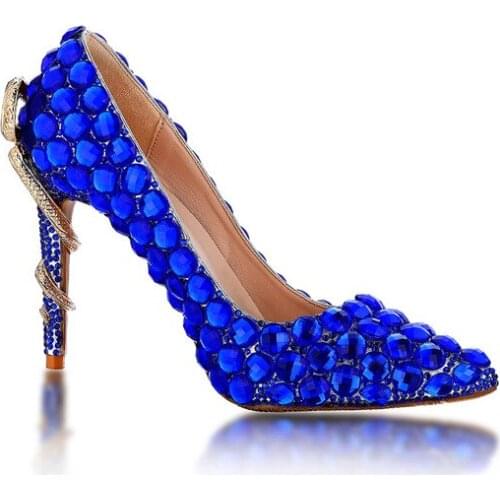 Woman Royal Blue Diamonds Wedding Pumps Gold Snake Twined Stiletto Heels Women Pointed Toe Rhinestone Evening Dress Shoes