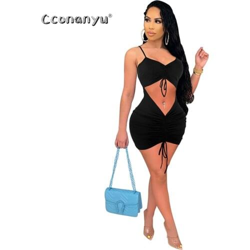 Women V Neck Drawstring Ruched Sleeveless Slip Dress Sexy Hollow Out Bodycon Bandage 2021 Summer Party Club Elegant Mini Dresses
