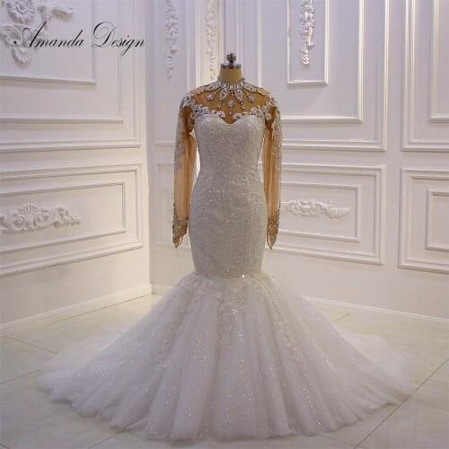 Amanda Design robe mariee Long Sleeves Lace Appliques Crystal See Through Mermaid Wedding Dress