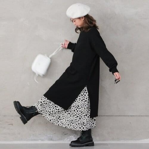Teen Girls 2020 Winter Thick Casual Dress Children Black Versatile Split Midi Dress Fashion Mother and Daugther Clothing, #1145