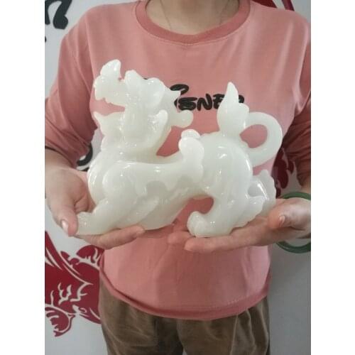 20CM 2021 office home Southeast Asia FENG SHUI Talisman Money Drawing GOOD LUCK dragon PI XIU white jade Sculpture ART statue