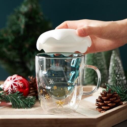 300ML Christmas Tree Mug Snowflake Glass Cup Heat-resistant Double Layered Glass Cup Coffee Mug with Lid Cute for Christmas Gift
