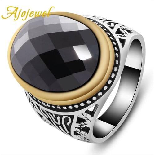 Ajojewel New Men Ring Vintage Oxidized Male Finger Rings With Zircon Crystal Jewelry Luxury
