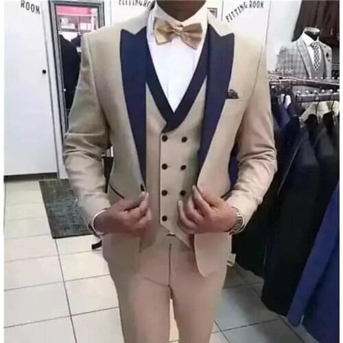 Beige Slim Fit Men Suits with Navy Blue Peaked Lapel Groom Tuxedos for Wedding Dinner Party 3 Pieces Fashion Jacket Vest Pants