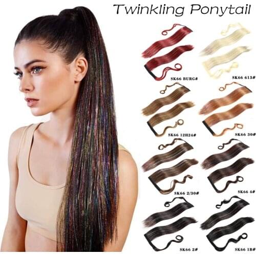 Glitter Sparkling False Pigtail Synthetic Straight Hairpiece Ponytail Hair Extensions Nutural Overhead Tail Heat Resistant 613