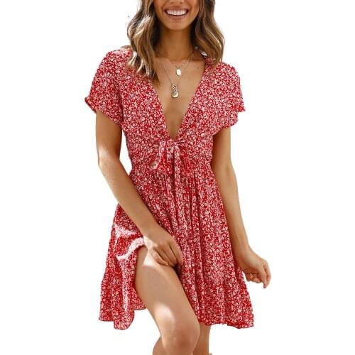Womens Retro Dress Floral Short Sleeve Deep V-Neck Lace-up Dress for Party Holiday Sundress A line Elegant Vestidos Hollow OUT