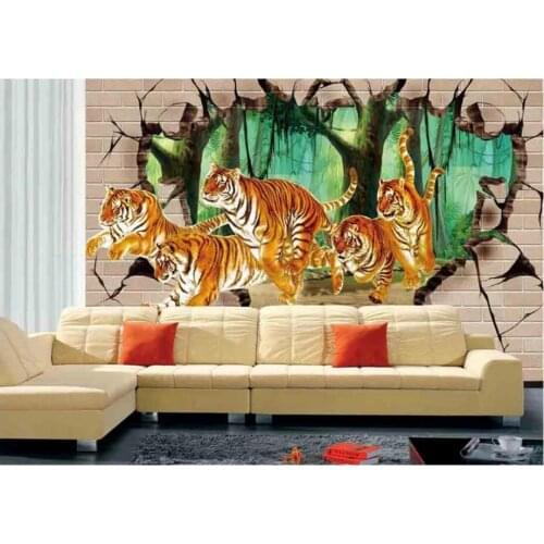 Custom photo mural 3d room wall paper Forest tiger running brick wall Home decor 3d wall murals wallpaper for wall 3 d