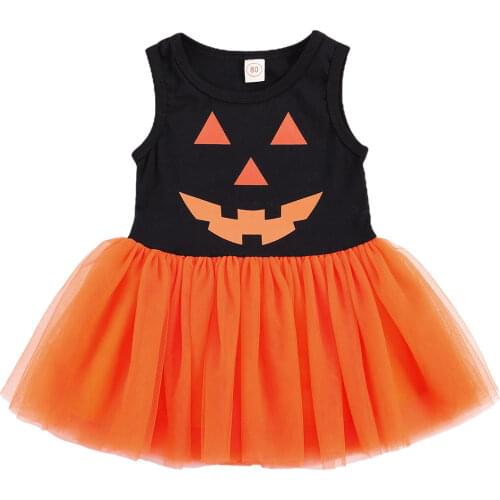 Baby Girls Summer Halloween Dress, Infant Orange and Black Sleeveless Round Collar Yarn Gown 6M-3T