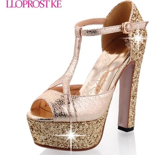 Lloprost ke Summer Bling Gladiator Sandals T-strap Thick High Heels Platform Sandals Party Wedding Shoes Ladies Sandal MY488