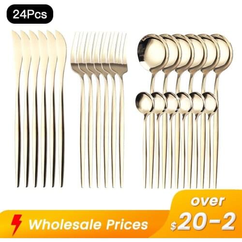 24Pieces Champagne Tableware Set Stainless Steel Flatware Knife Fork Spoon Cutlery Suit Coffee Spoon Dishwasher Dinnerware Set