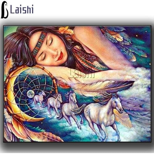 Full Round Square Diamond Painting Indian girl dream catcher White Horse Angel Embroidery Cross Stitch Mosaic Home Decor Gift