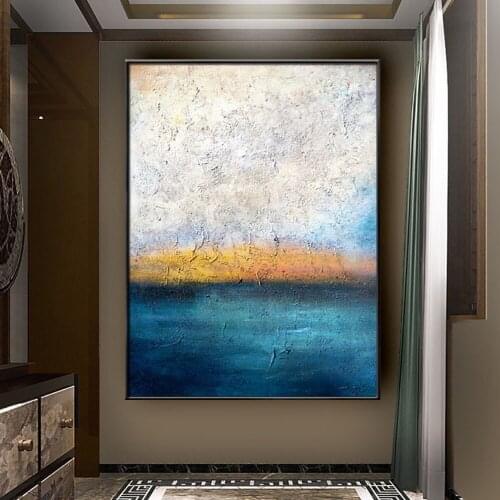 Hand-painted oil painting abstract shiny gold foil canvas painting blue mural modern home decoration painting entrance wall art