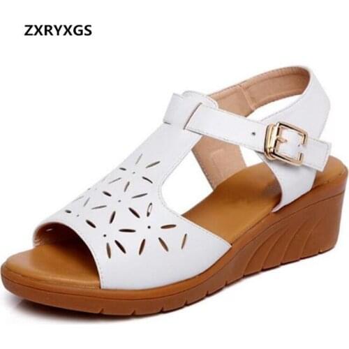 2021 New Summer Comfortable Hollow Cow Leather Shoes Women Sandals Soft Breathable Women Shoes Non-slip Platform Wedges Sandals