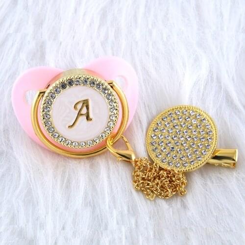 26 Name Initial Letters Baby Pacifier With Clips BPA Free Silicone Infant Nipple 0-12 Months Pink Bling Newborn Dummy Soother