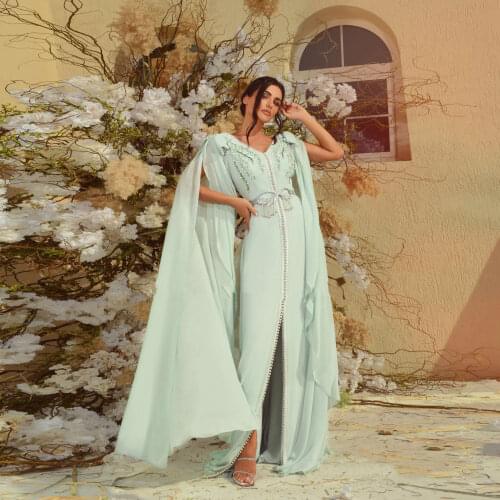 Light Green Moroccan Caftan Summer Dress Elegant V-Neck High Split Evening Dress With Applique Saudi Arabia Dubai Prom Dress