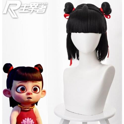 High Quality Wigs Prop!! Hot Movie Ne Zha Cosplay Familiar Youth Version Style Cute Double-Buns Unisex Role Play Accessories