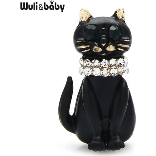 Wuli&baby Black Enamel Cat Brooches Women Unisex Cute Rhinestone Sitting Cat Pet Animal Brooch Pins Gifts