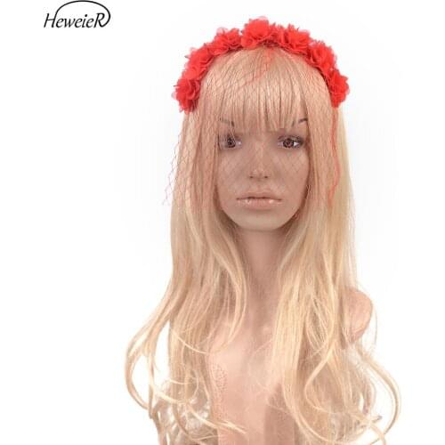 Women Red Fascinator Headband Cocktail Hair Band Ladies Handmade Headwear Flower Veils Accessories Party Wedding Hairpins