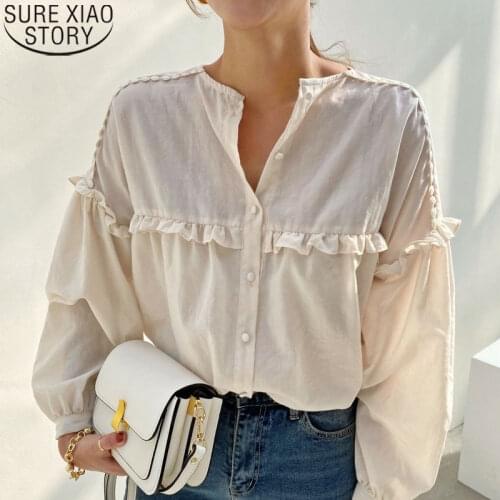 2021 New Korean Fashion White Loose Puff Long Sleeve Shirt Women Blouses O-neck Single Breasted Ladies Tops Ruffled Shirts 11269