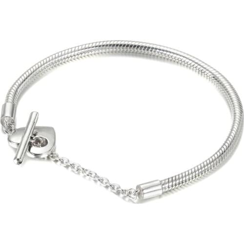 S925 Bead Charm Dangle Bracelet for Women Moments Heart T-bar Clasp Snake Chain Bracelet Girl Lady Gift