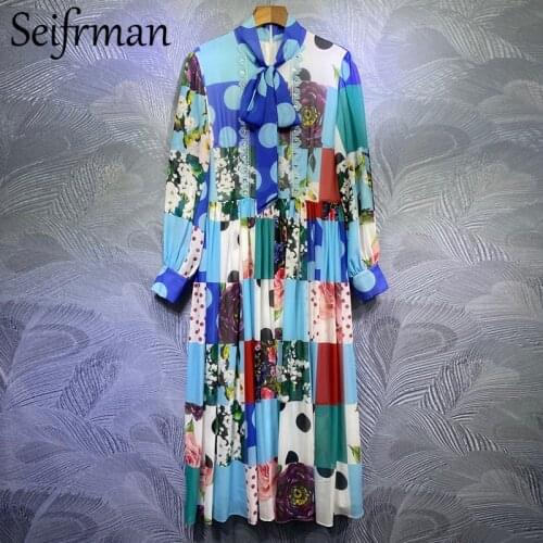Seifrmann Women Summer Fashion Runway Party Long Dress Lace Crystal Lantern Sleeve High Waist Floral Print Ladies A-Line Dresses