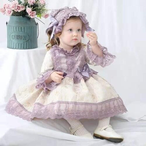 2PCS Autumn Winter Purple Palace Turkish Vintage Princess Bow Ball Gown Long Sleeve Dress For Bady Girl Birthday Chritmas Party