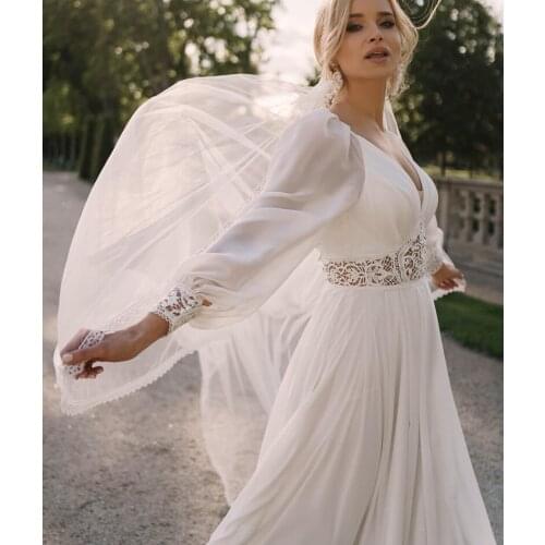 4258#Bohemian Wedding Dresses Illusion v Neck Long Sleeve Bridal Gowns Plus Size Chiffon Wedding Gown Lace Wedding Dress