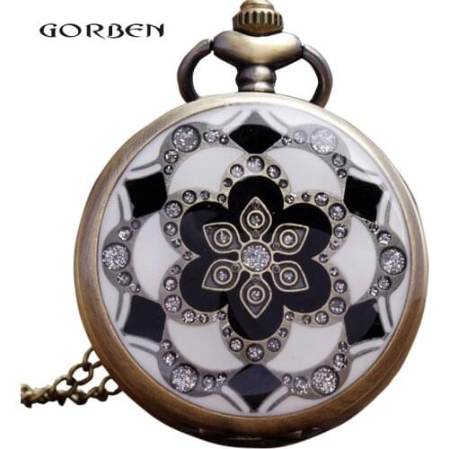 Retro White Green Flower Enamel Quartz Pocket Watch Antique Necklace Chain Pendent Men Women Watches