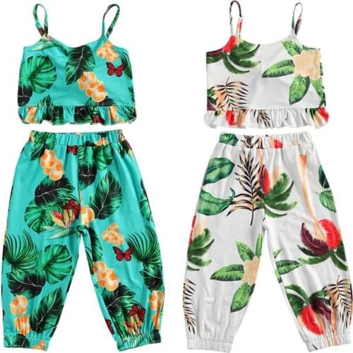 Citgeett Summer 2-7Y Fashion Kids Girls Clothes Sets 2pcs Flowers Print Sleeveless Vest Tops Elastic Romper Long Pants