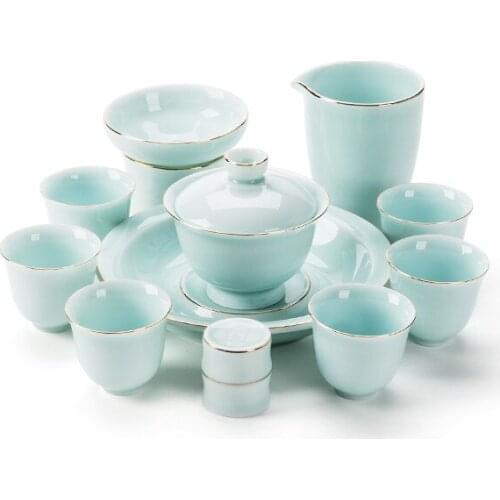 Jingdezhen hand-painted celadon painted gold side flower pottery Kung Fu tea bowl set tea gift box