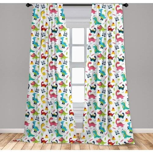 Dinosaur Window Curtains Hello Dino Typography with Funky Creatures and Plant Elements Dots Happy Theme Curtain with Rod Pocket