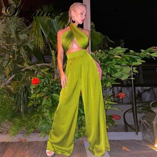 Dulzura 2021 Summer Women Satin Halter Crop Top Wide Leg Pants Set Lace Up Bandage Backless Elegant Party Club Matching 2 Pieces