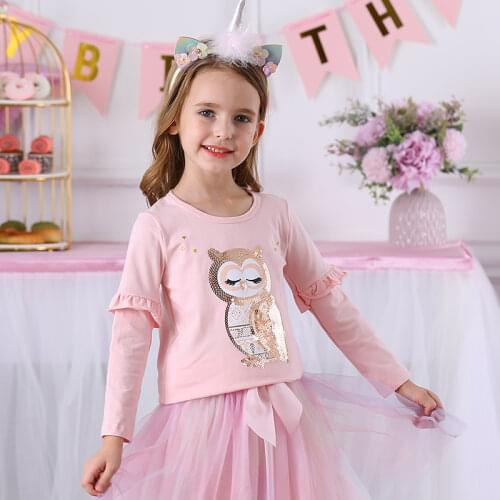 DXTON Girls T-shirts Long Sleeve Toddler Girls Tops Owl Pattern Children Tees Cartoon Spring Winter Girl T-shirt Casual Clothing