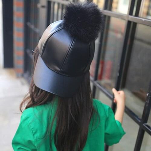 Fashion Boys Girls PU Leather Cap Faux Leather 15CM Real Fur Pompom Pompoms Baseball Caps Summer Outdoor Hiphop Casual