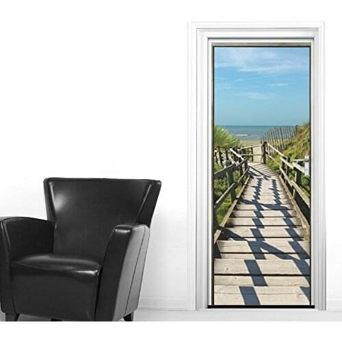 Creative Door Sticker Wooden Stair To Beach Background Door Cover Wall Stickers Kitchen Wallpaper Renew Mural Decal Home Decor