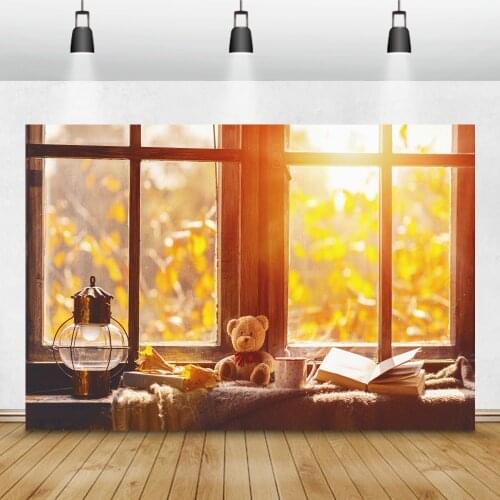 Laeacco Tendy Bear Window Sill Autumn Morning Book Desk Sunshine Photo Background Portait Photography Backdrops Photo Studio