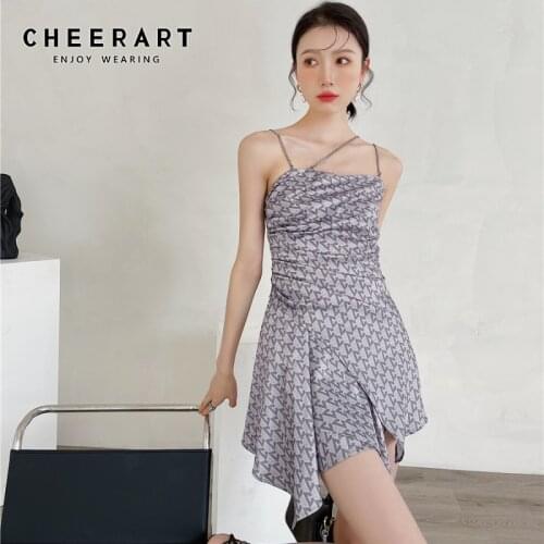 CHEERART Spaghetti Strap Summer Dress 2021 Backless Ruched Wrap Asymmetrical Mini Slip Dress Women Grey Korean Fashion Clothing