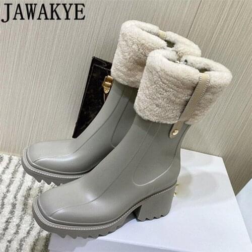 2021 Hot sale PVC Ankle Boots for Women Chunky Heel Mid-calf Chelsea Boots Luxury Latex shoes Winter Rain Boots botas mujer