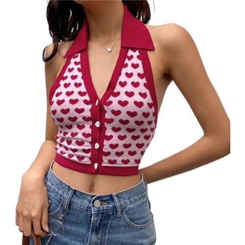 2021 Fashion Trend Womens Heart Print Tank Tops Sexy Button Front Lapel Sleeveless Knitted Crop Tops Fitting Summer Vest