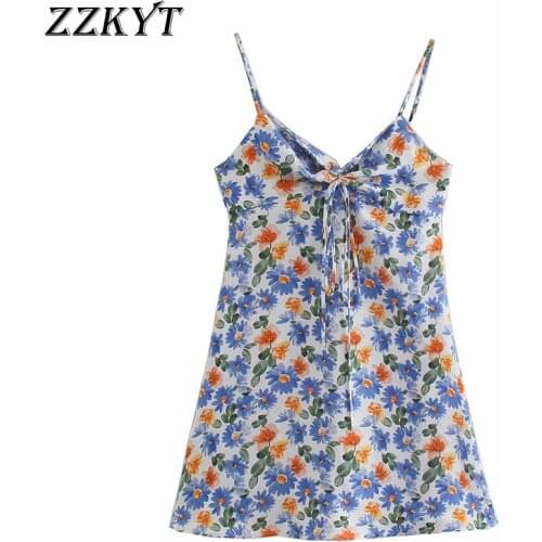 ZZKYT 2021 Women Summer Fashion Sexy Floral Print Bow Tie Mini Dress Vintage V Neck Sleeveless Backless Female Party Dresses