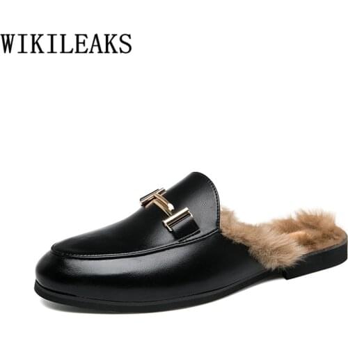 Dress mules with fur luxury half shoes for men mules slip on shoes men fur slippers shoes for men leather sapatos das mulheres