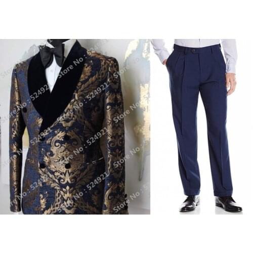 Men Suits Navy Blue and Gold Pattern Groom Tuxedos Shawl Lapel Groomsmen Wedding Best Man ( Jacket + Pants + Bow Tie ) C707