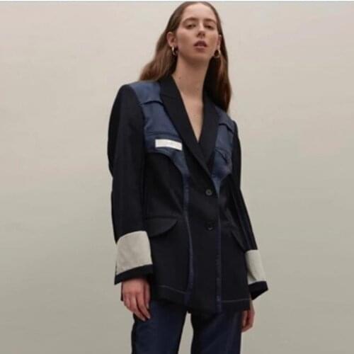 New fashion retro pu leather stitching suits hit color design blazer female chic Korean version outerwear blazer wq2375