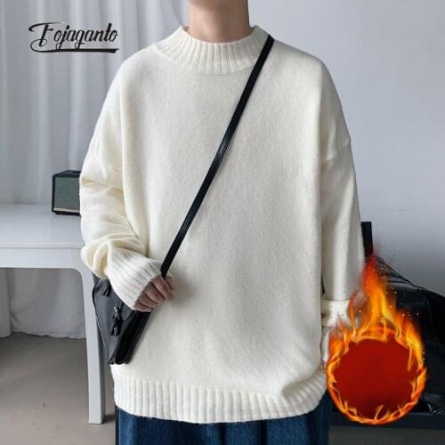 FOJAGANTO Autumn Winter New Mens Fleece Sweater Korean Street Loose Plus Size Knit Sweater Solid Color Fashion Sweater Male
