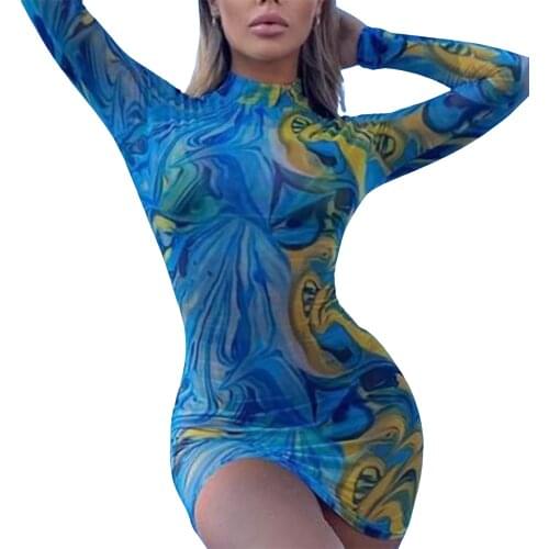 New Womens Perspective Mesh Dress Color Block Abstract Printing Round Neck Long Sleeve Sexy Beach