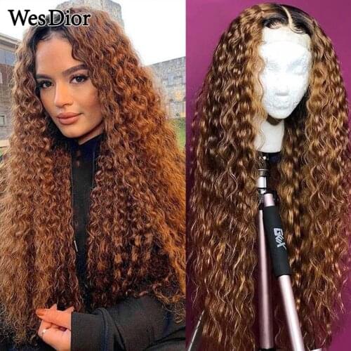 Ombre Curly Wig Brazilian Curly Part Lace Human Hair Wigs For Black Women Remy Hair 4x4 Lace Closure Wig Pre-Plucked Density 180