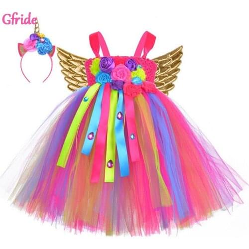 Unicorn Dresses For Girl Candy Long Dress Headband Wings Halloween Kids Unicorn Birthday Party Tulle Colorful Dress Fantasia