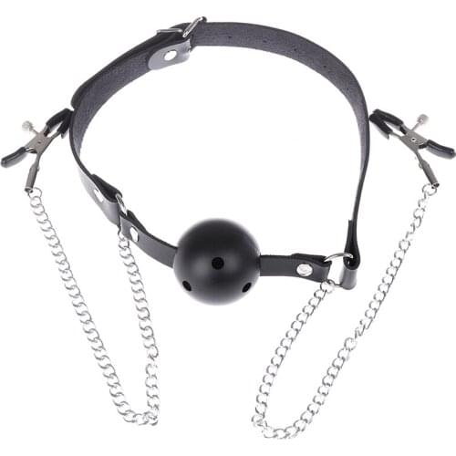 Sexy Toys Metal Chain Leather Harness Open Mouth Gag Collar Nipple Clamps Bondage Set Sex Games Adult Toys Bondage Gear
